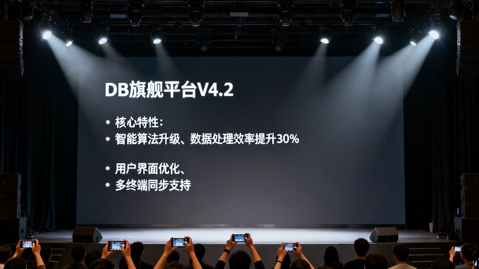 DB旗舰平台V4.2版本发布会的现场照片，大屏幕上显示新版本的核心特性列表