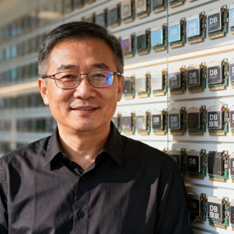 张远明，DB旗舰创始人兼CEO，五十岁左右，戴眼镜，穿着深色衬衫，背景为公司产品展示墙